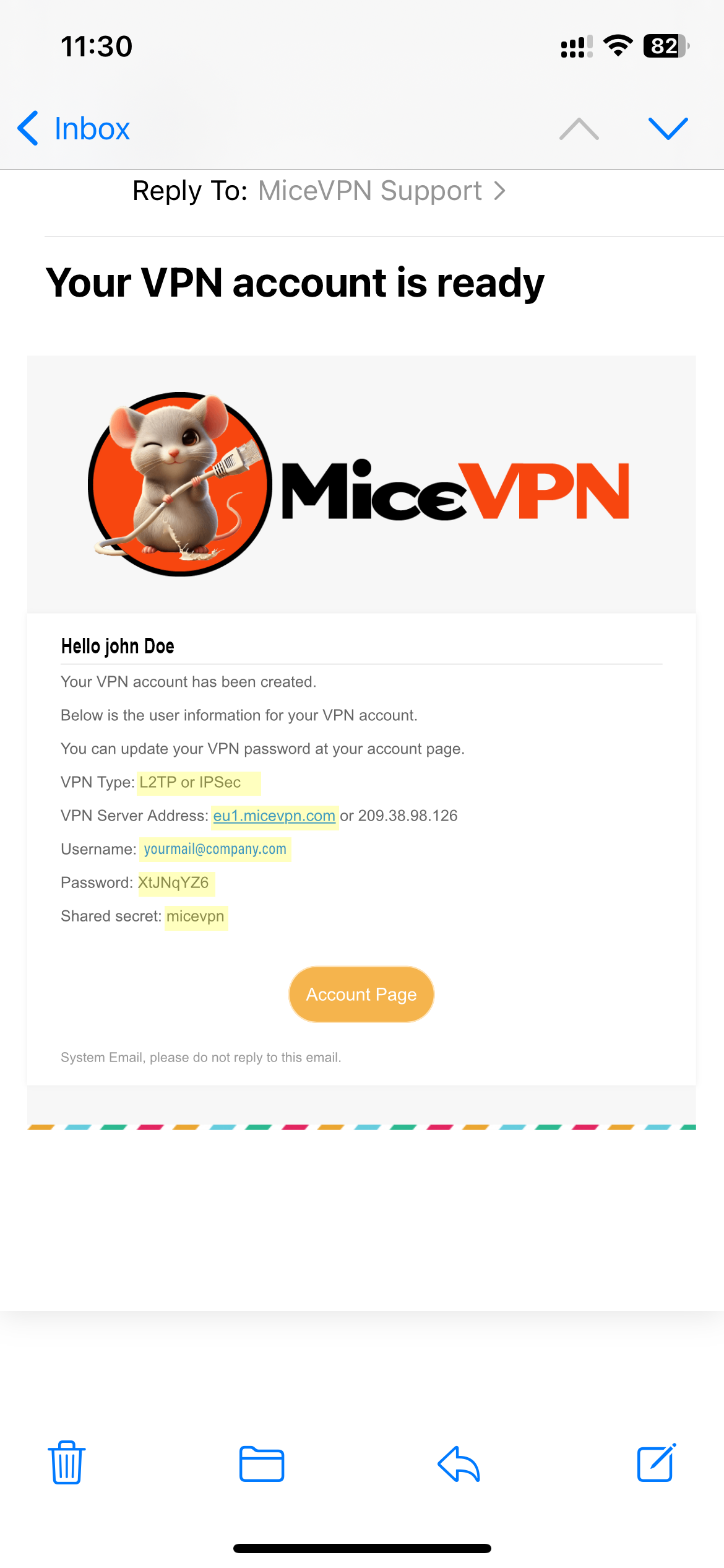 Email with Credentials